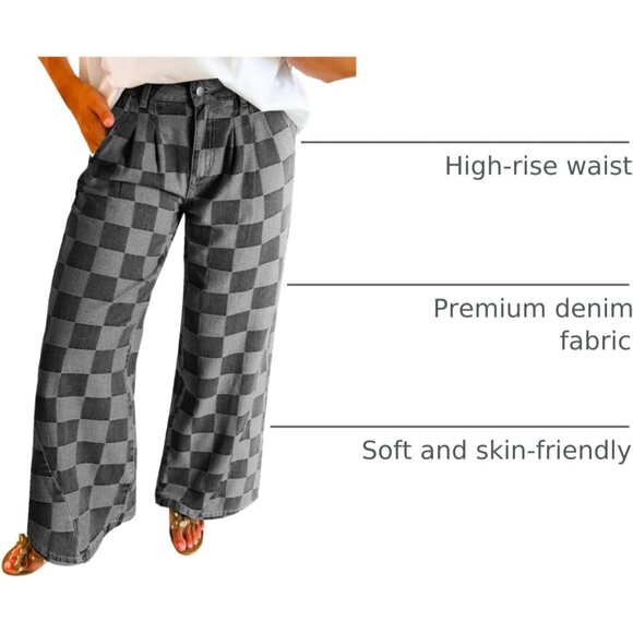 Women’s Plaid Pattern Baggy Wide Leg Jeans High Waist Denim Pants - Picture 3 of 3